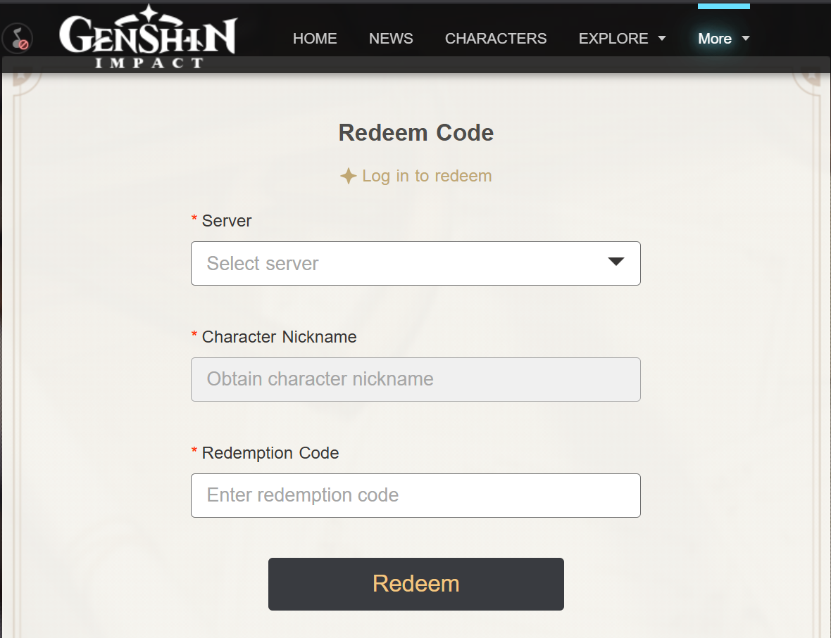 Redeem Page Genshin Impact